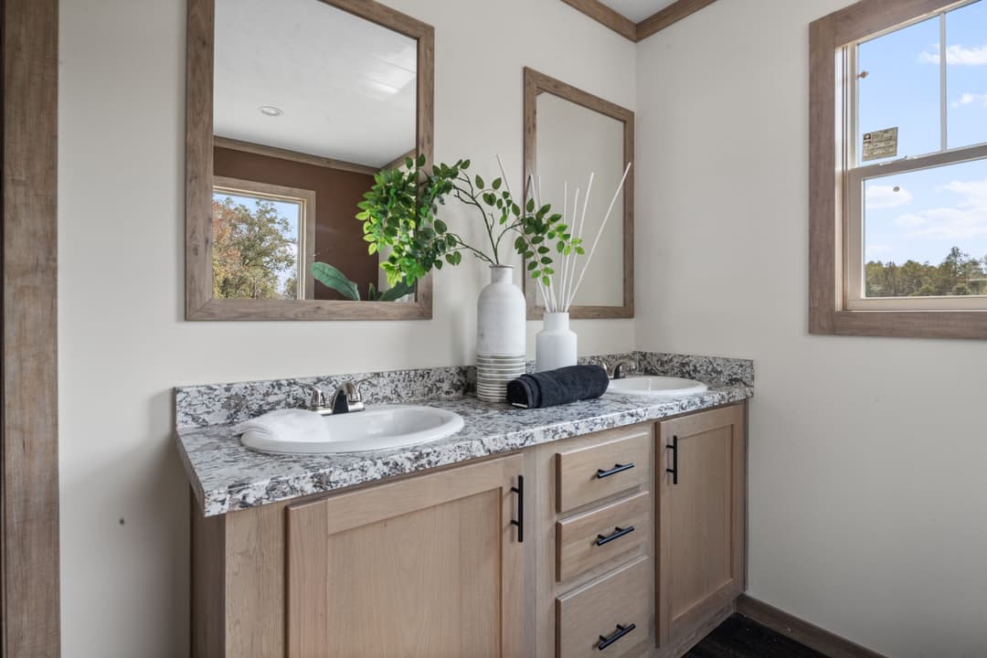 The white oak interior and bathroom home features