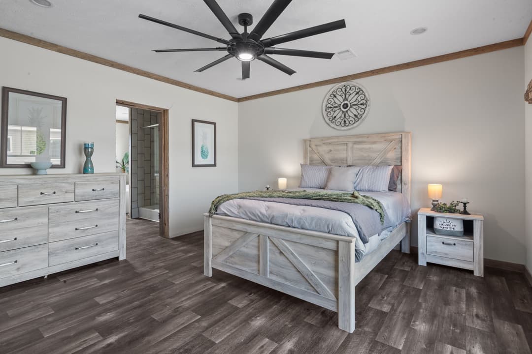 The white oak interior and bedroom home features