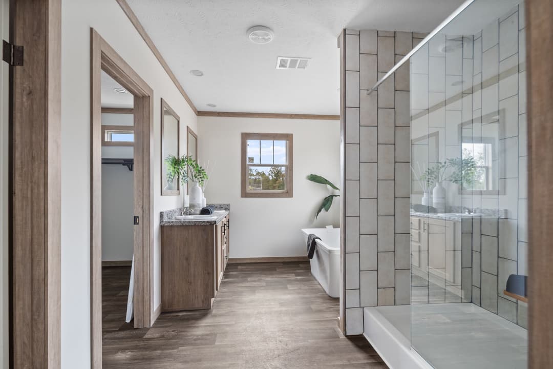 The white oak interior and bathroom home features