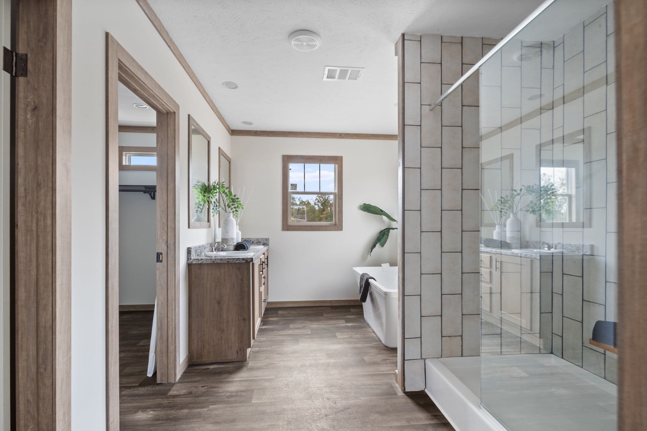 The white oak interior and bathroom home features