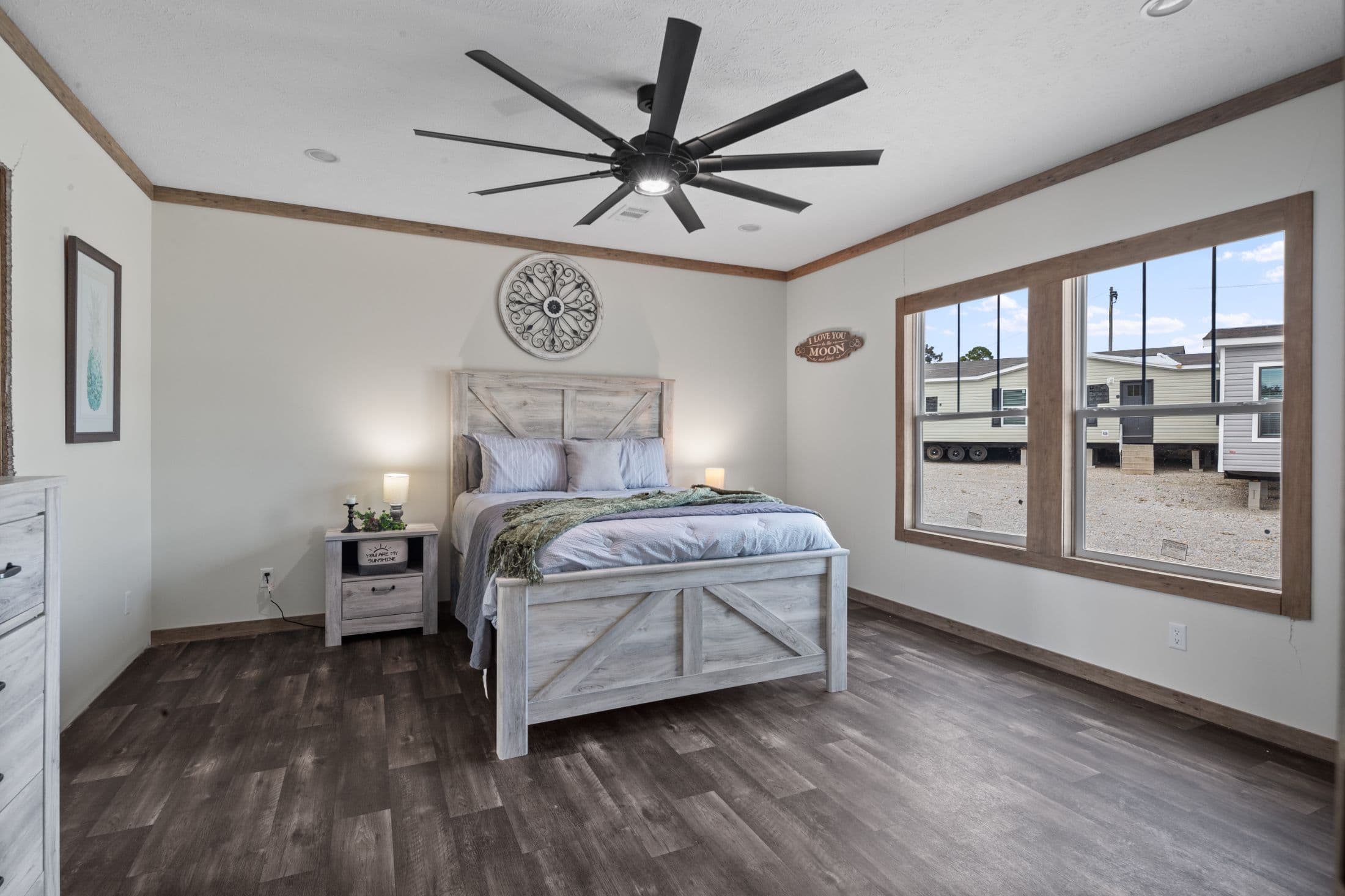 The white oak interior and bedroom home features