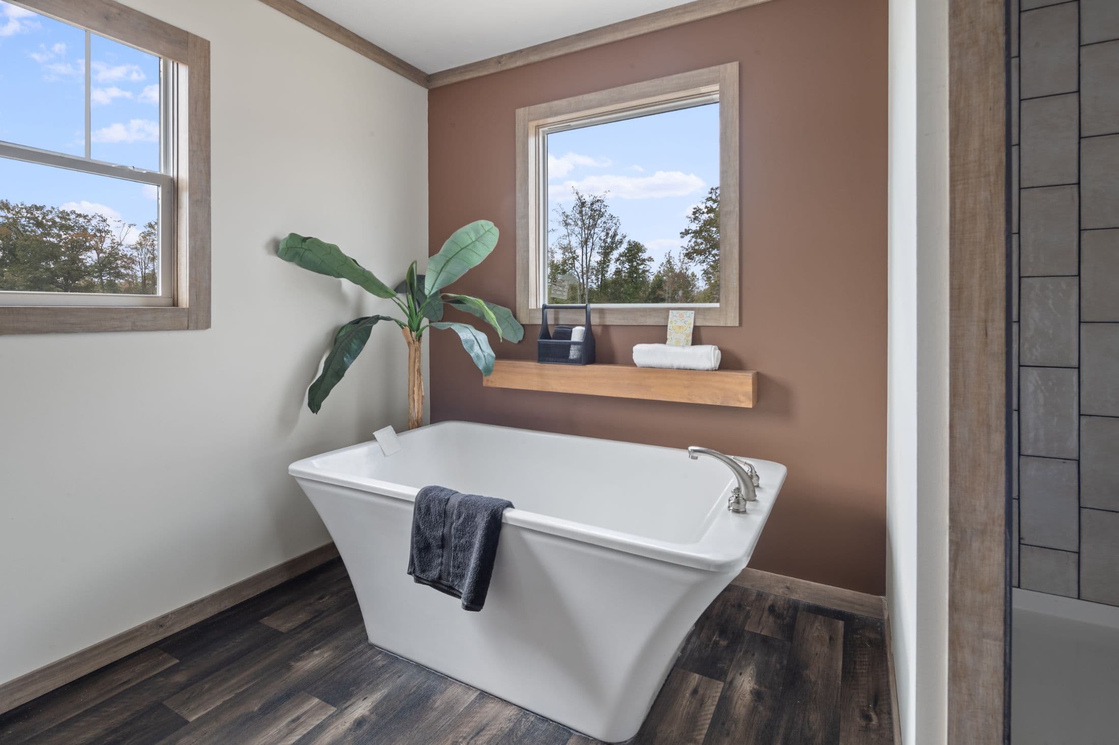 The white oak interior and bathroom home features
