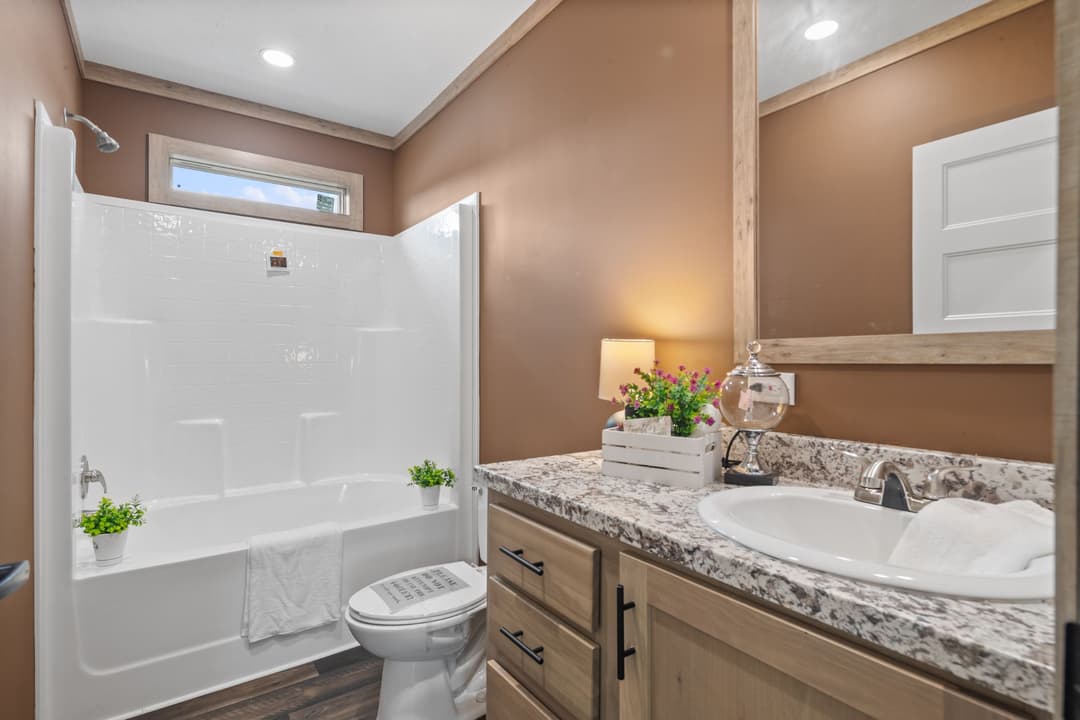 The white oak interior and bathroom home features